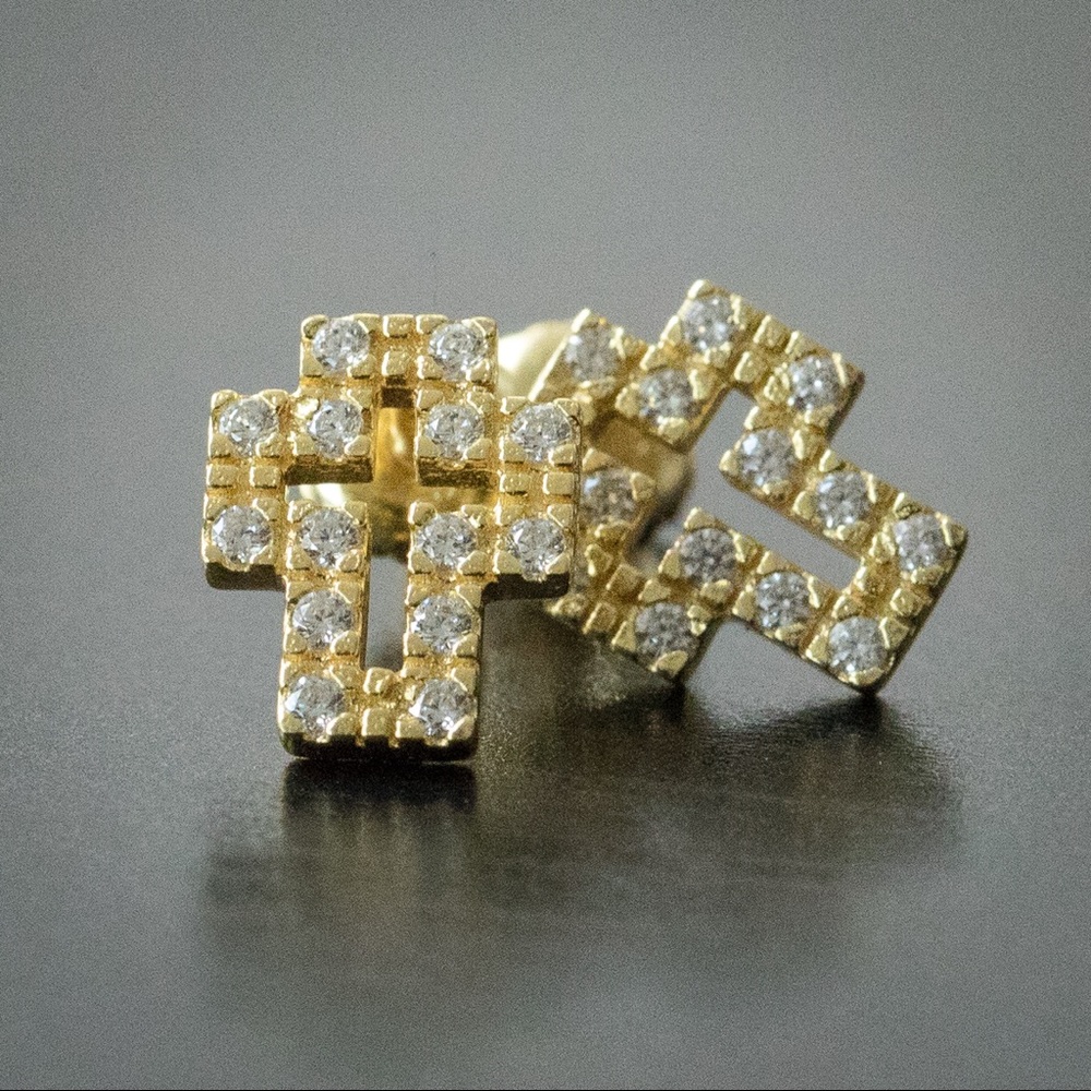 14K Gold Iced Out Cross Earrings